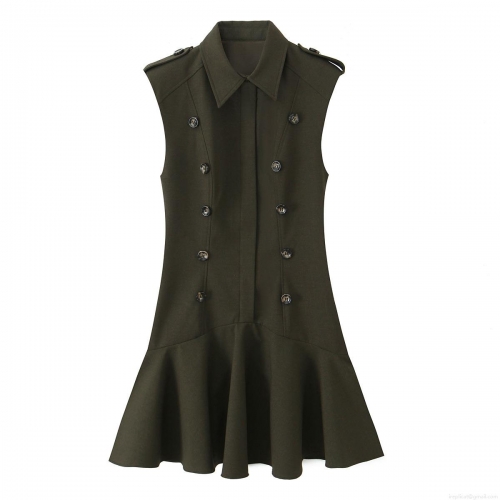 Women Military Green Sleeveless Mini Dress Double Breasted Lapel Ruffle Hem Slim Fit Elegant Polyester Casual Commute Party Dress