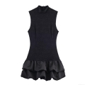 Women's Elegant Black Patchwork Lace Satin Mini Dress Sleeveless High Neck Tiered Ruffle Hem Cocktail Party Evening Dress