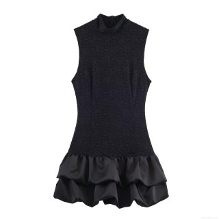 Women's Elegant Black Patchwork Lace Satin Mini Dress Sleeveless High Neck Tiered Ruffle Hem Cocktail Party Evening Dress