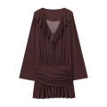 Women's V-Neck Ruffle Long Sleeve Dress Elegant Ruched Layered Tiered Polyester Mini Dress Casual Party Chocolate Brown Dress