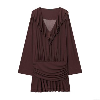 Women's V-Neck Ruffle Long Sleeve Dress Elegant Ruched Layered Tiered Polyester Mini Dress Casual Party Chocolate Brown Dress