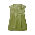 Women Sexy PU Leather Tube Top Mini Dress With Polyester Lining Solid Green Bodycon Party Clubwear Sleeveless Back Zipper Skinny Short Dress