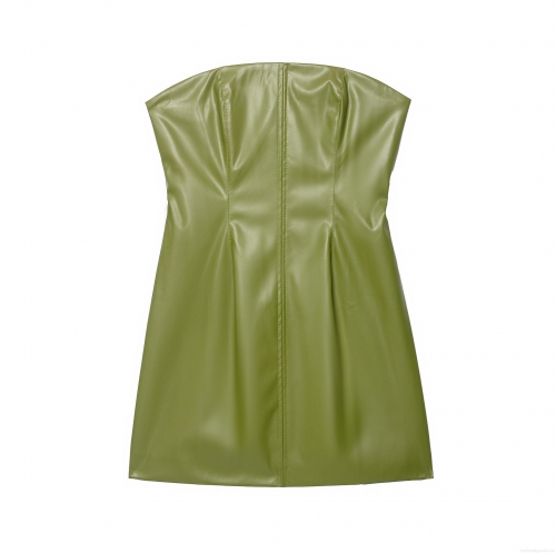 Women Sexy PU Leather Tube Top Mini Dress With Polyester Lining Solid Green Bodycon Party Clubwear Sleeveless Back Zipper Skinny Short Dress