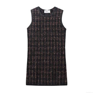 Women's Elegant Plaid Tweed Mini Dress Sleeveless Round Neck Bodycon Vest Dress With Back Zipper Fashion Textured Knit Short Dress For Party Dating Ladies Celebrity Style