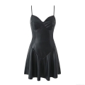 Sexy Women Black PU Leather Bustier Mini Dress Sleeveless Pleated A-line Suspender Short Dress For Party Club Night Out Fashion Slim Fit Faux Leather Dress