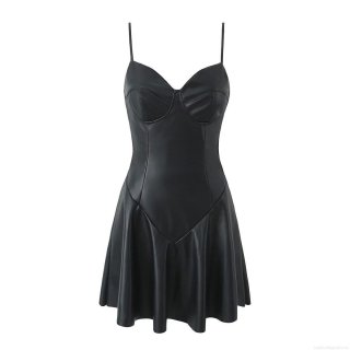 Sexy Women Black PU Leather Bustier Mini Dress Sleeveless Pleated A-line Suspender Short Dress For Party Club Night Out Fashion Slim Fit Faux Leather Dress