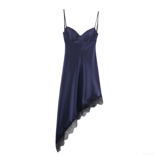 Women Elegant Satin Lace Trim Asymmetric Cami Dress Sexy V-Neck Backless Spaghetti Strap Evening Party Night Out Clubwear Bodycon Long Dress