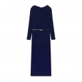 Women's Elegant Navy Blue Maxi Dress Asymmetrical Ruched Neckline Long Sleeve Bodycon Gown With Belt Slim Fit Socialite Party Clothing