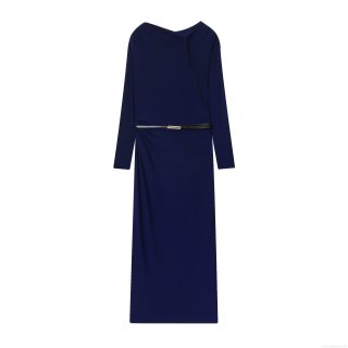 Women's Elegant Navy Blue Maxi Dress Asymmetrical Ruched Neckline Long Sleeve Bodycon Gown With Belt Slim Fit Socialite Party Clothing