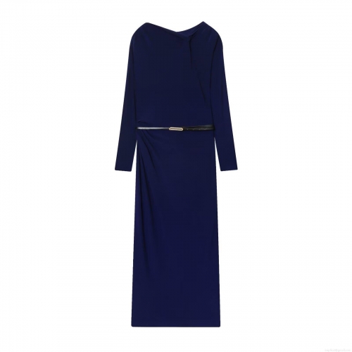 Women's Elegant Navy Blue Maxi Dress Asymmetrical Ruched Neckline Long Sleeve Bodycon Gown With Belt Slim Fit Socialite Party Clothing