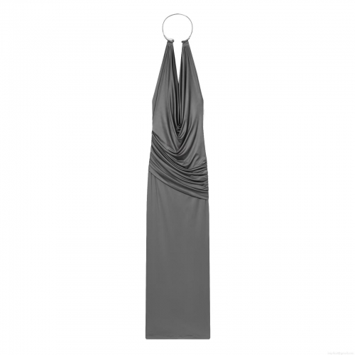 Women Elegant Metallic Neck Ring Halter Maxi Dress Ruched Draped Backless Sleeveless Bodycon Long Dress For Party Club Evening Wedding Guest Summer Grey