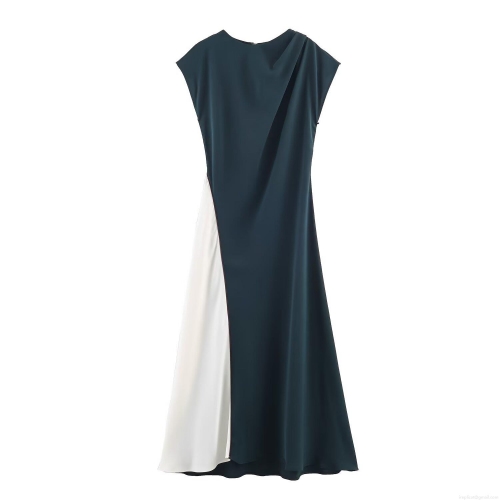 Elegant Spliced Midi Dress Polyester Sleeveless Round Neck Color Block A-Line Dress For Women Casual Party Evening Wear