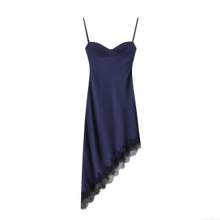 Sexy Backless Midnight Blue Satin Cami Mini Dress With Eyelash Lace Trim Asymmetric Hem Spaghetti Strap Evening Party Dress For Women
