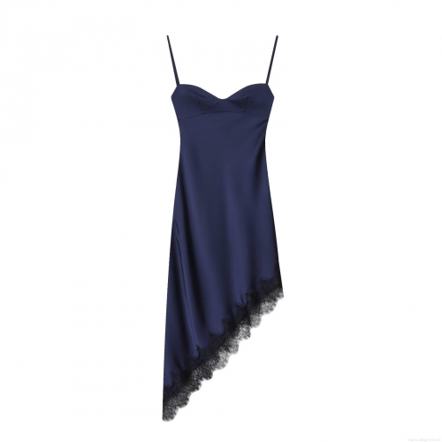 Sexy Backless Midnight Blue Satin Cami Mini Dress With Eyelash Lace Trim Asymmetric Hem Spaghetti Strap Evening Party Dress For Women