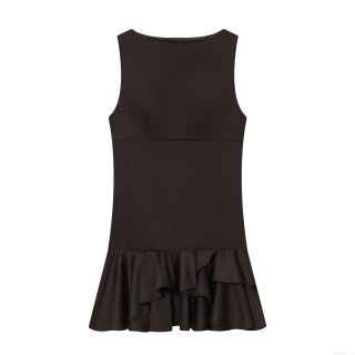 Women's Elegant Sleeveless Ruffle Mini Dress Solid Color Slim Fit Boat Neck Tiered Short Dress For Vacation Party Celebrity Style