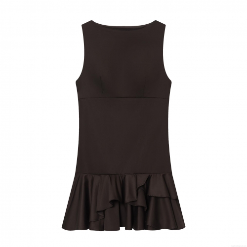 Women's Elegant Sleeveless Ruffle Mini Dress Solid Color Slim Fit Boat Neck Tiered Short Dress For Vacation Party Celebrity Style