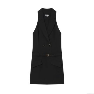 Women's Sleeveless Blazer Mini Dress With Gold Buckle Belt Elegant Double Breasted Office Party Slim Fit Bodycon Vest Dress Solid Color Lapel V-Neck Polyester Chic Ladies Short Dress