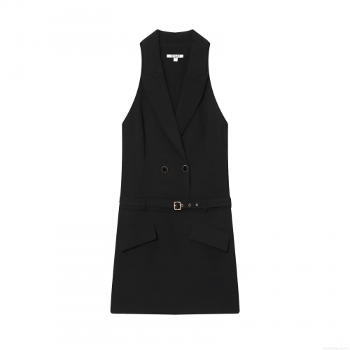 Women's Sleeveless Blazer Mini Dress With Gold Buckle Belt Elegant Double Breasted Office Party Slim Fit Bodycon Vest Dress Solid Color Lapel V-Neck Polyester Chic Ladies Short Dress