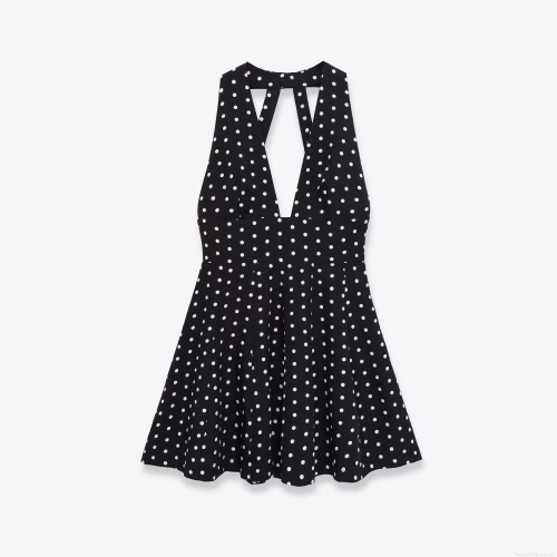 Women's Sexy V-Neck Halter Polka Dot Mini Dress Polyester Sleeveless Hollow Out Backless A-Line Short Dress for Party Summer Club Elegant Fashion Dress