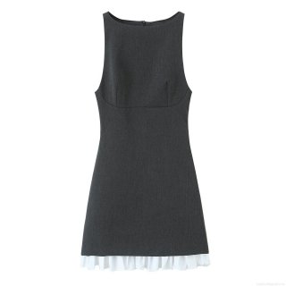 Elegant Sleeveless Mini Dress Women Polyester Woven Patchwork Ruffled Hem Short Tank Dress Grey White Color Block For Summer Party Casual Fashion