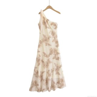 Elegant Women One Shoulder Maxi Dress With Gold Floral Embroidery Bow Tie Shoulder Sexy Mermaid Bodycon Evening Party Gown For Wedding Banquet Socialite Apricot Polyester Mesh Dress