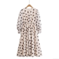 Elegant Polka Dot Maxi Dress French Retro Style Women Round Neck Long Puff Sleeve Button Front Slim Waist Lightweight Polyester Chiffon Dress Casual Party