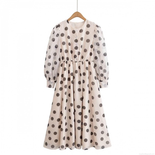 Elegant Polka Dot Maxi Dress French Retro Style Women Round Neck Long Puff Sleeve Button Front Slim Waist Lightweight Polyester Chiffon Dress Casual Party
