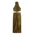 Sexy Olive Green Velvet Halter Neck Cutout Maxi Dress With Rhinestone Buckle Women Elegant Pleated Bodycon Evening Party Dress