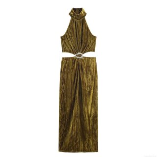 Sexy Olive Green Velvet Halter Neck Cutout Maxi Dress With Rhinestone Buckle Women Elegant Pleated Bodycon Evening Party Dress