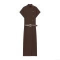 Elegant Women Polyester Coffee Brown Midi Dress With Metal Buckles Sleeveless Stand Collar Shirt Dress And Crocodile Patterned Belt For Summer Party