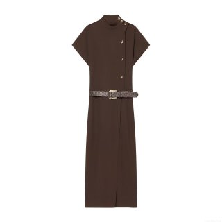 Elegant Women Polyester Coffee Brown Midi Dress With Metal Buckles Sleeveless Stand Collar Shirt Dress And Crocodile Patterned Belt For Summer Party