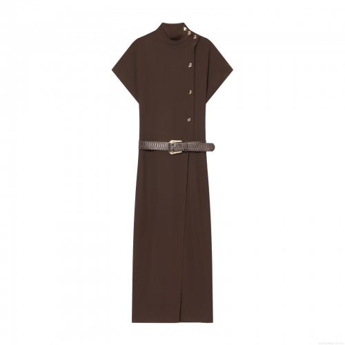 Elegant Women Polyester Coffee Brown Midi Dress With Metal Buckles Sleeveless Stand Collar Shirt Dress And Crocodile Patterned Belt For Summer Party