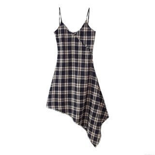 Women Sexy Plaid Asymmetrical V-Neck Maxi Dress Sleeveless Adjustable Thin Strap Slim Fit Fringed Hem Party Clubwear Dress