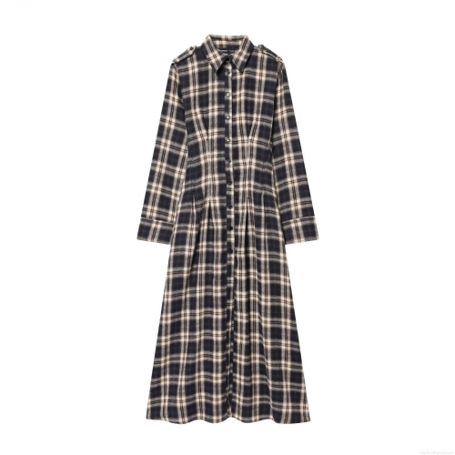 Women Vintage Plaid Long Sleeve Midi Shirt Dress Elegant Brushed Fabric Fold Waist Button Up Lapel Socialite Dress For Autumn Winter