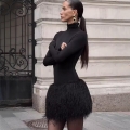 Women Sexy High Neck Bodycon Mini Dress With Feather Trim Patchwork Long Sleeve Knitted Polyester Celebrity Party Evening Nightclub Dress