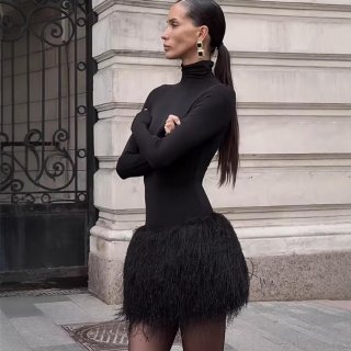 Women Sexy High Neck Bodycon Mini Dress With Feather Trim Patchwork Long Sleeve Knitted Polyester Celebrity Party Evening Nightclub Dress