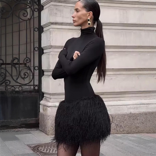 Women Sexy High Neck Bodycon Mini Dress With Feather Trim Patchwork Long Sleeve Knitted Polyester Celebrity Party Evening Nightclub Dress