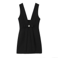 Women's Black V-Neck Sleeveless Midi Slip Dress Elegant Polyester Hollow Out Embroidery Party Vacation Dress With Bow Rhinestone Decoration