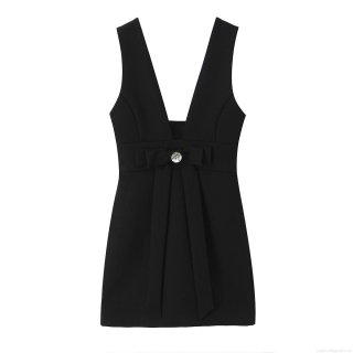 Women's Black V-Neck Sleeveless Midi Slip Dress Elegant Polyester Hollow Out Embroidery Party Vacation Dress With Bow Rhinestone Decoration