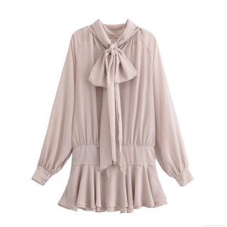 Elegant Women 100% Polyester Chiffon Mini Dress With Bow Tie Neck Lantern Sleeve Ruffle Hem Flowy Pleated Dress For Party Evening Socialite Style