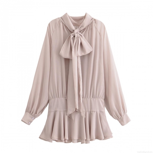 Elegant Women 100% Polyester Chiffon Mini Dress With Bow Tie Neck Lantern Sleeve Ruffle Hem Flowy Pleated Dress For Party Evening Socialite Style