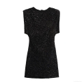 Women Elegant Black Sequin Sleeveless Mini Dress Sexy Round Neck Back Zipper Slim Fit Sparkly Party Evening Cocktail Clubwear Short Dress