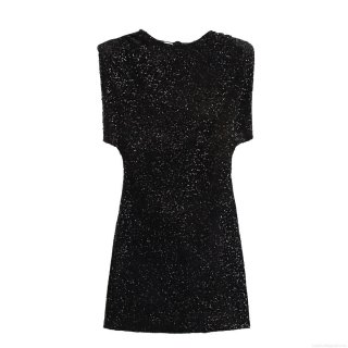 Women Elegant Black Sequin Sleeveless Mini Dress Sexy Round Neck Back Zipper Slim Fit Sparkly Party Evening Cocktail Clubwear Short Dress