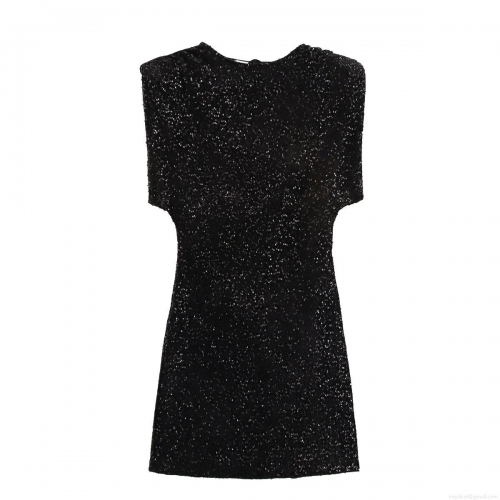 Women Elegant Black Sequin Sleeveless Mini Dress Sexy Round Neck Back Zipper Slim Fit Sparkly Party Evening Cocktail Clubwear Short Dress
