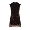 Women's Sleeveless Velvet Mini Dress Featuring Lace Trim Hem And Ruched Bodycon Design Mock Neck Coffee Brown Sexy Elegant Party Socialite Clubwear Dress