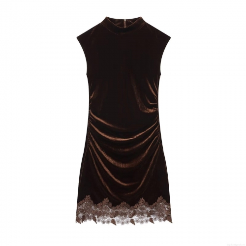 Women's Sleeveless Velvet Mini Dress Featuring Lace Trim Hem And Ruched Bodycon Design Mock Neck Coffee Brown Sexy Elegant Party Socialite Clubwear Dress