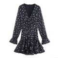 Women's Elegant Deep V-Neck Floral Mini Dress Long Trumpet Sleeve Ruffle Layered Cake Dress Chic Black White Printed Polyester Party Vacation Dress