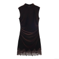 Women's Elegant Sleeveless Mock Neck Velvet Mini Dress With Lace Hem Sexy Ruched Bodycon Party Cocktail Dress Deep Brown Coffee
