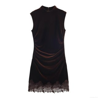 Women's Elegant Sleeveless Mock Neck Velvet Mini Dress With Lace Hem Sexy Ruched Bodycon Party Cocktail Dress Deep Brown Coffee