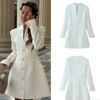Women's Elegant Slim Fit Single Breasted Blazer Dress Long Sleeve V Neck White Mini Dress For Office Commute Party Lady Sexy Short Gown